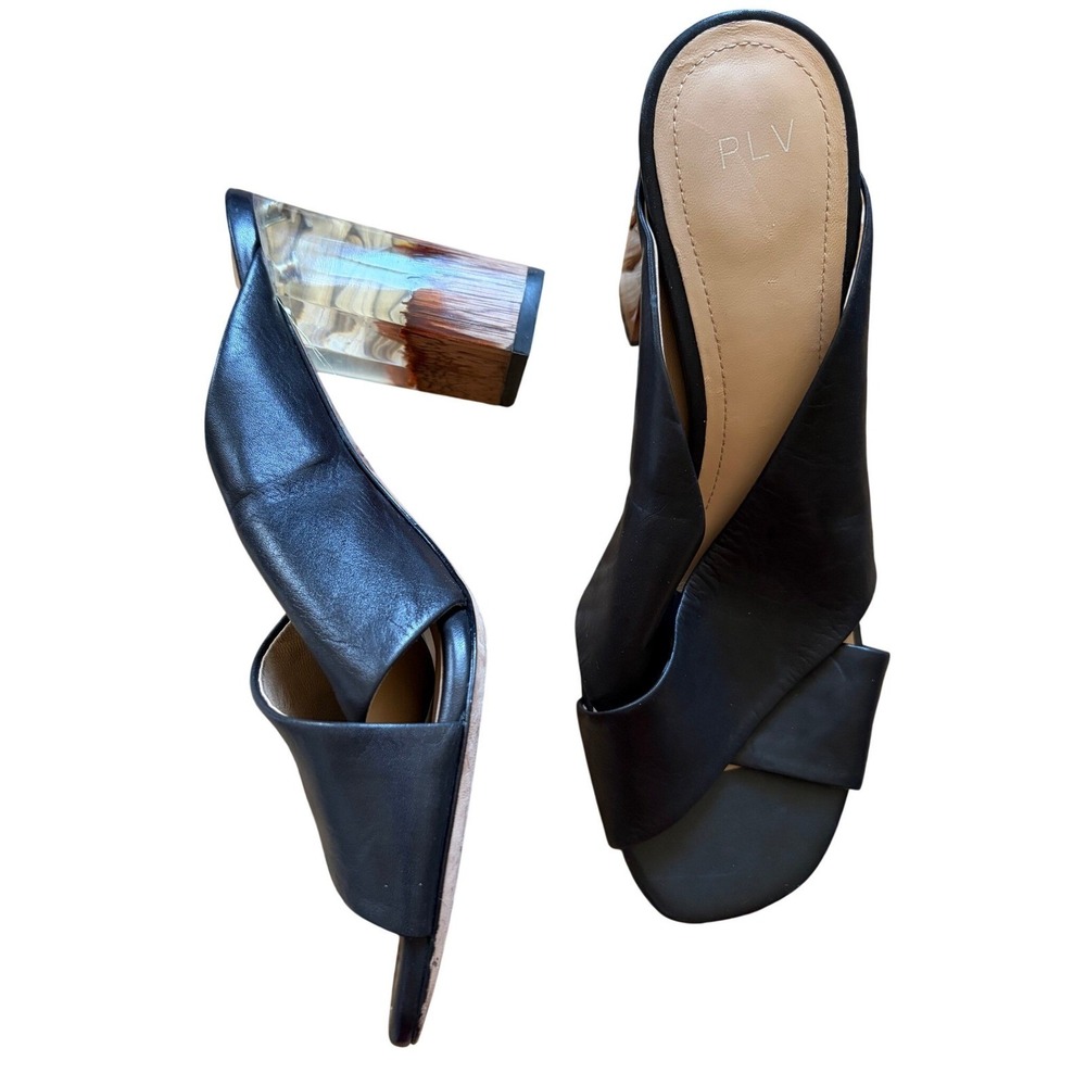 Pour La Victoire PLV‎ Black Leather Crisscross Mules Clear Wood Block Heel 8.5